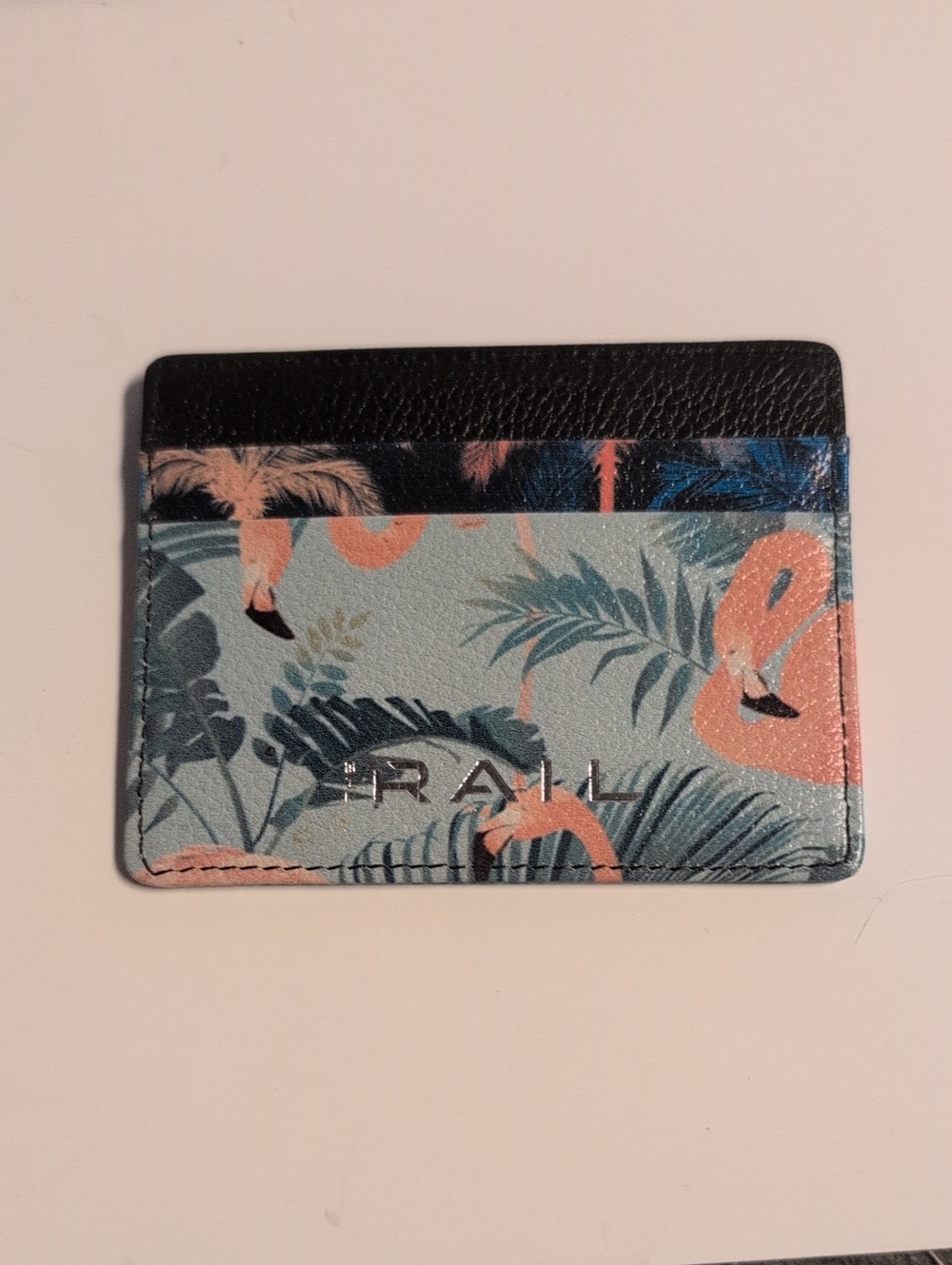 Nordstrom "The Rail" Flamingo Print Leather Card Holder with Black Trim